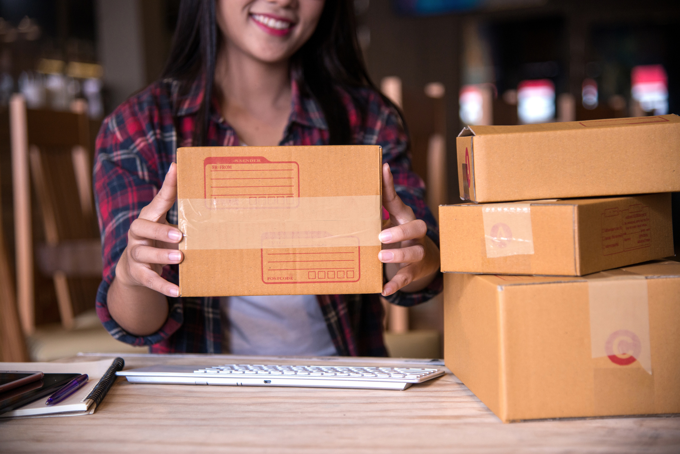Young Entrepreneur, Teenager Business Owner Work at Home, Box Fo
